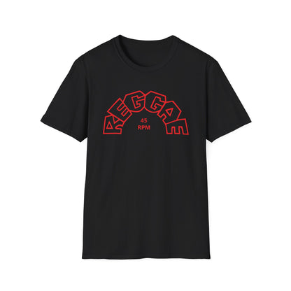 Black t-shirt with red "REGGAE 45 RPM" vinyl record graphic.