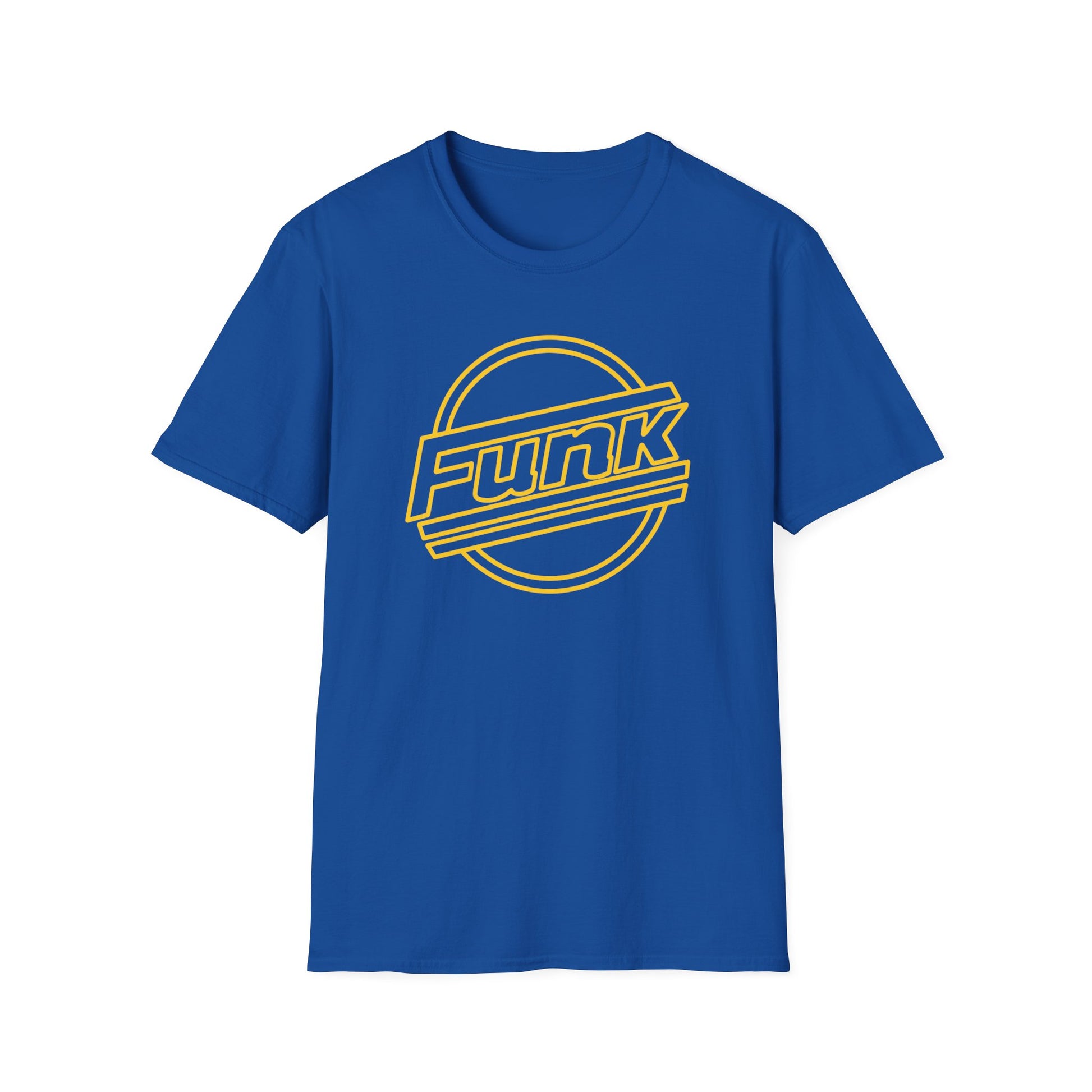 Royal blue t-shirt with yellow circle logo and "Funk" text.
