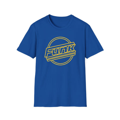 Royal blue t-shirt with yellow circle logo and "Funk" text.