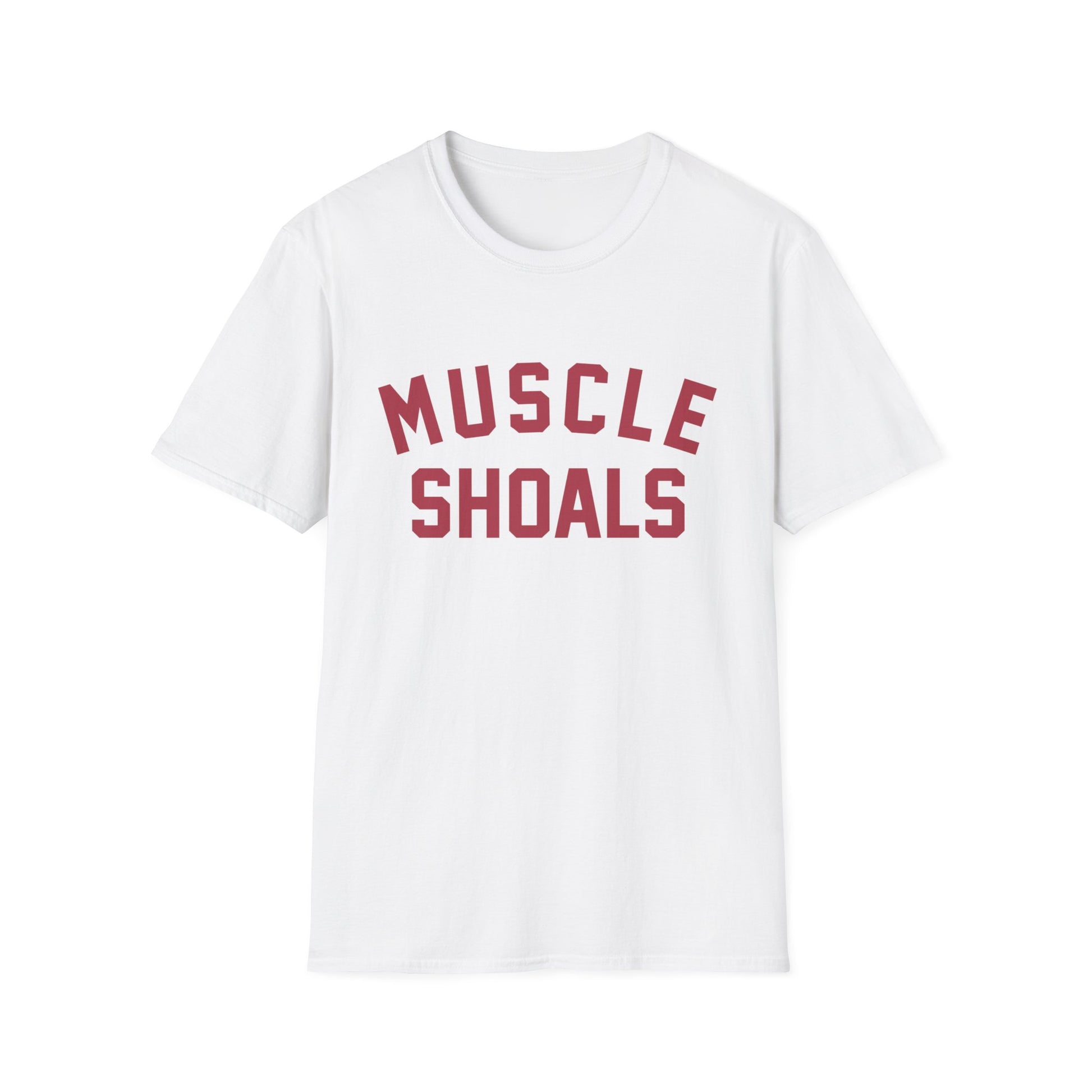 White t-shirt with maroon text reading "MUSCLE SHOALS"