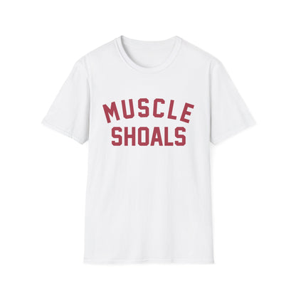 White t-shirt with maroon text reading "MUSCLE SHOALS"