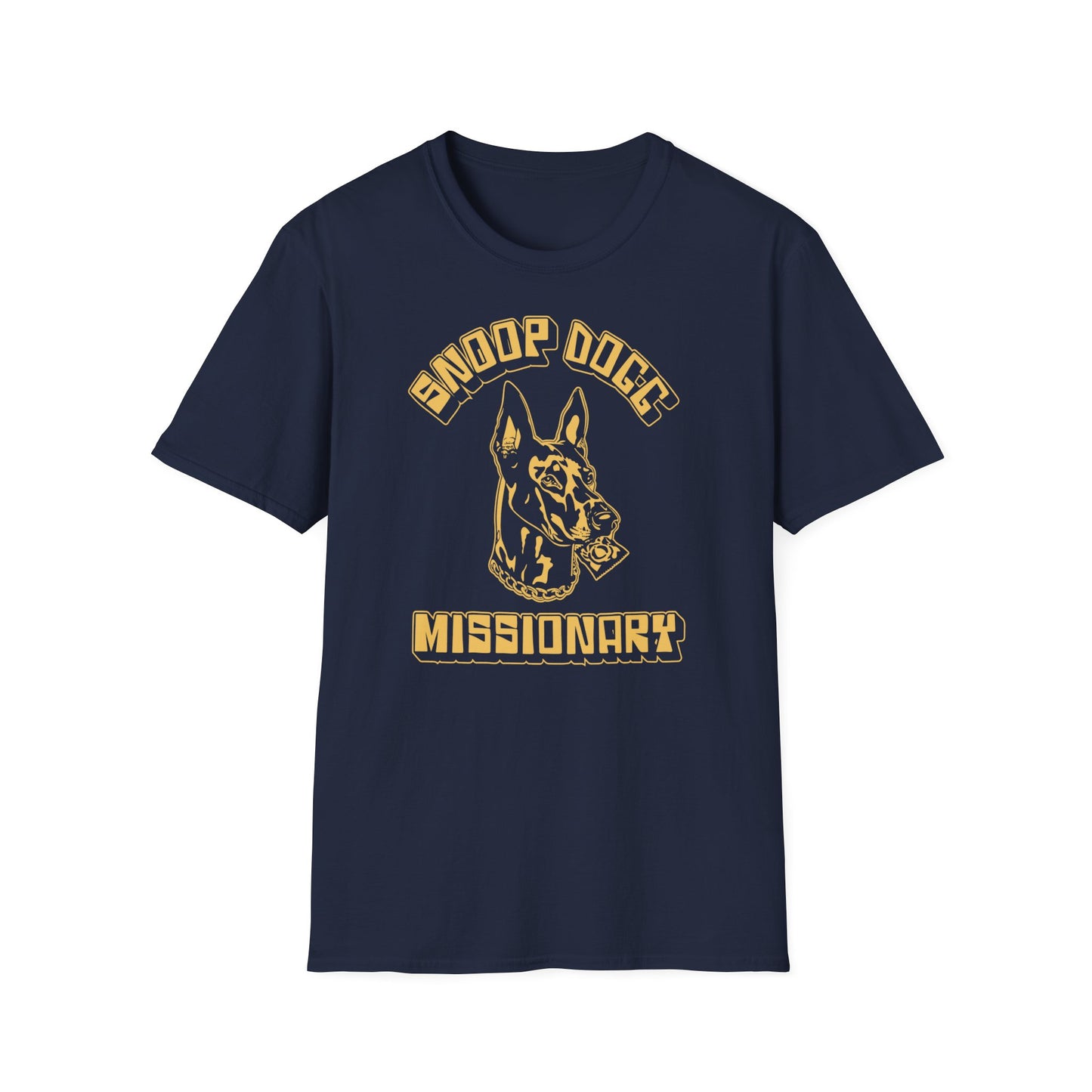 Navy t-shirt with gold print of a dog's head, "Missionary".