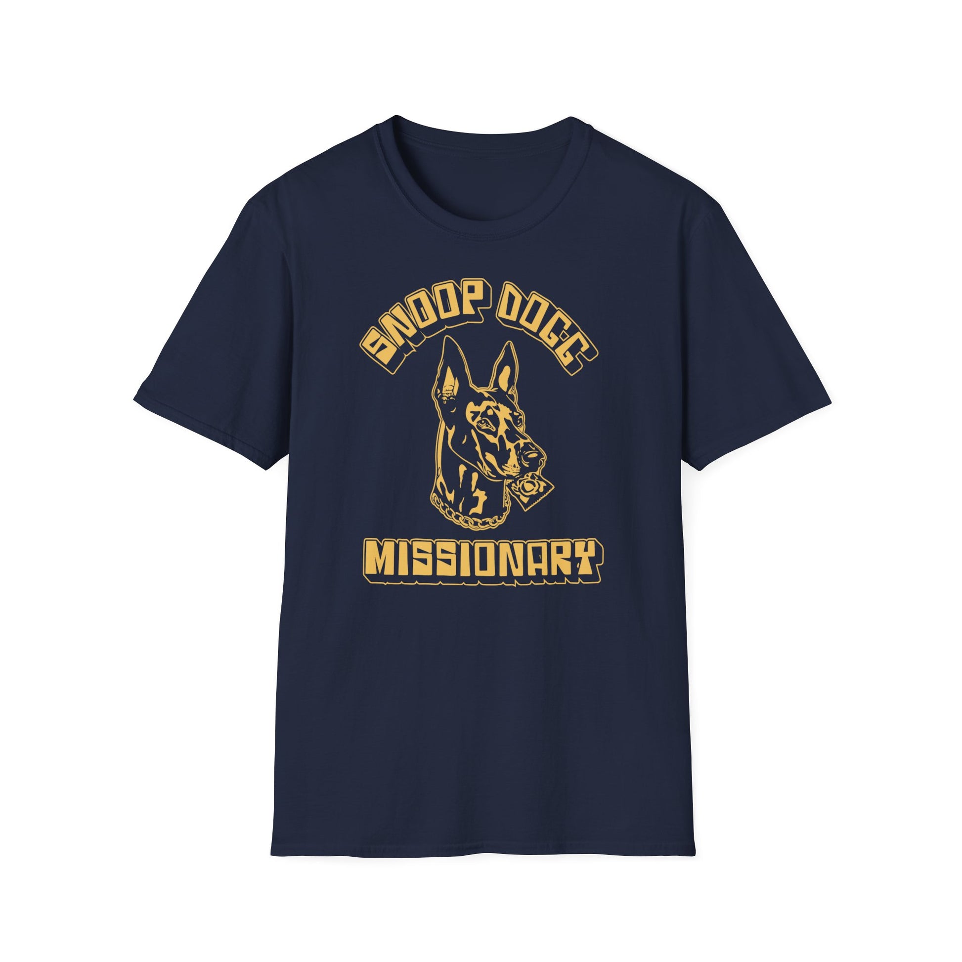 Navy t-shirt with gold print of a dog's head, "Missionary".