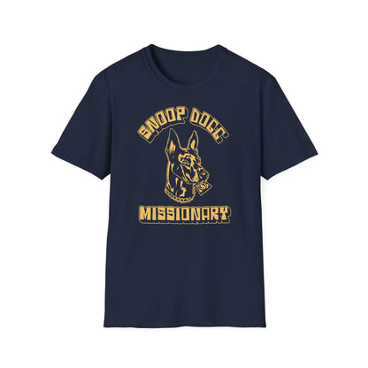 Navy t-shirt with gold print of a dog's head, "Missionary".