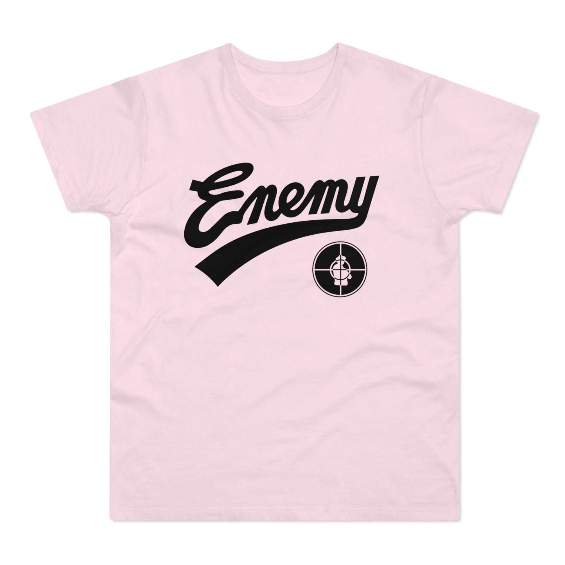 Pink t-shirt with black \"Enemy\" text and a target logo.
