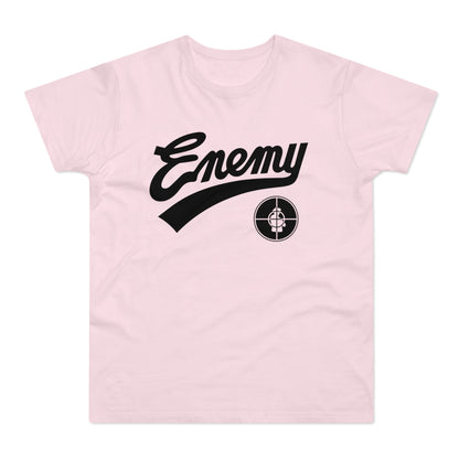 Pink t-shirt with black \"Enemy\" text and a target logo.