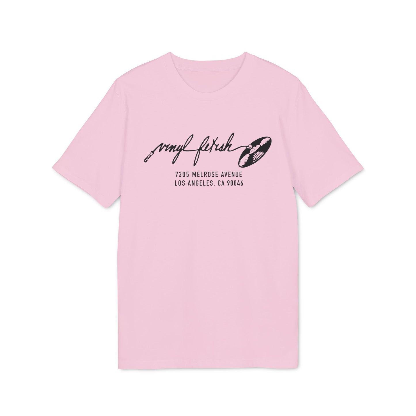 Pink t-shirt with black vinyl record graphic and address text.