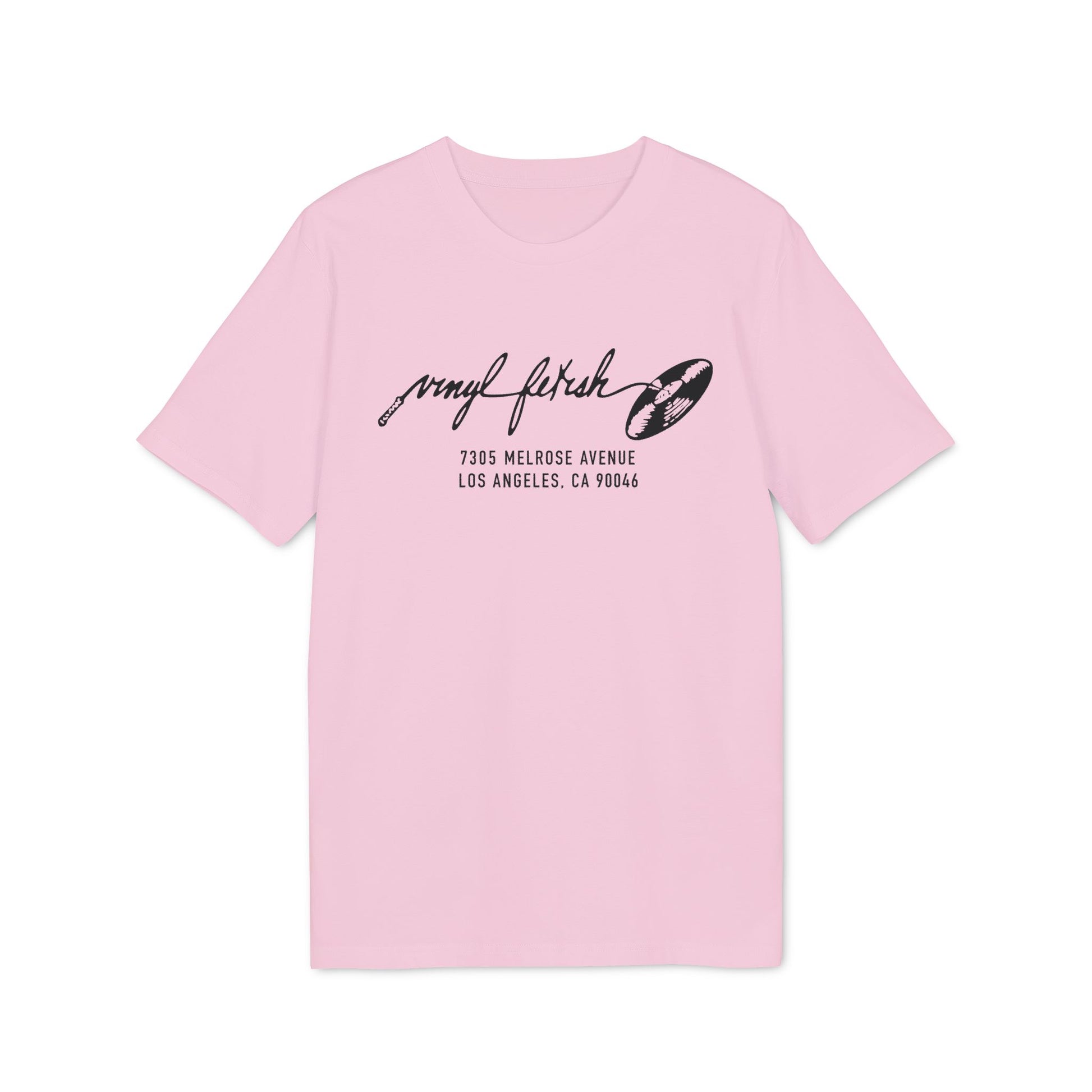 Pink t-shirt with black vinyl record graphic and address text.