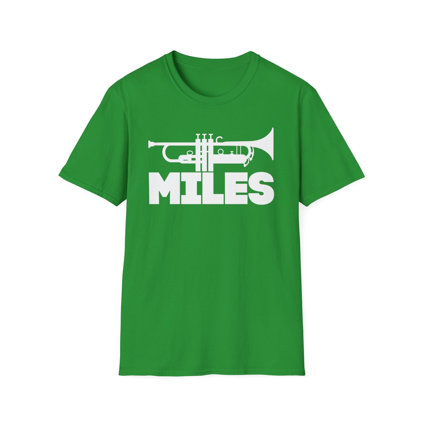 Green t-shirt with white MILES trumpet graphic.