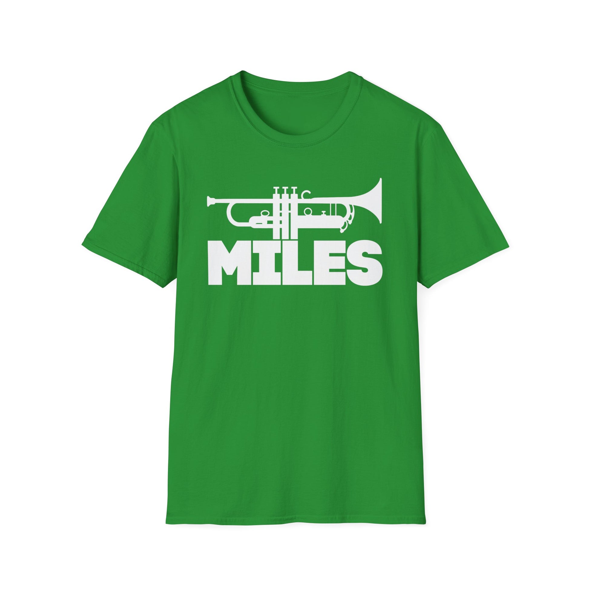 Green t-shirt with white MILES trumpet graphic.