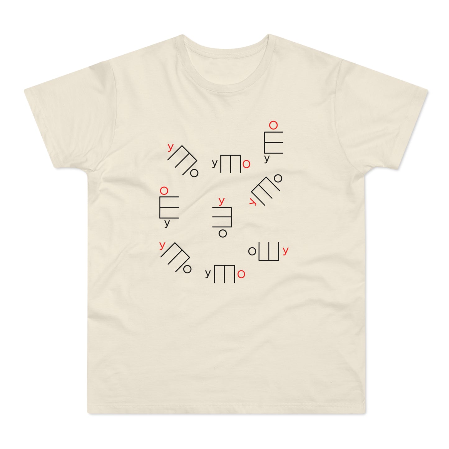 Cream t-shirt with scattered abstract black and red linear symbols.