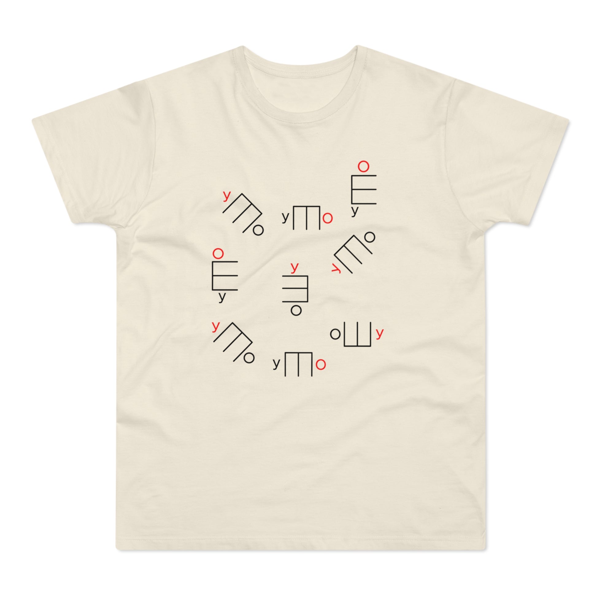 Cream t-shirt with scattered abstract black and red linear symbols.
