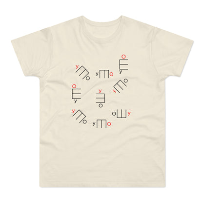 Cream t-shirt with scattered abstract black and red linear symbols.