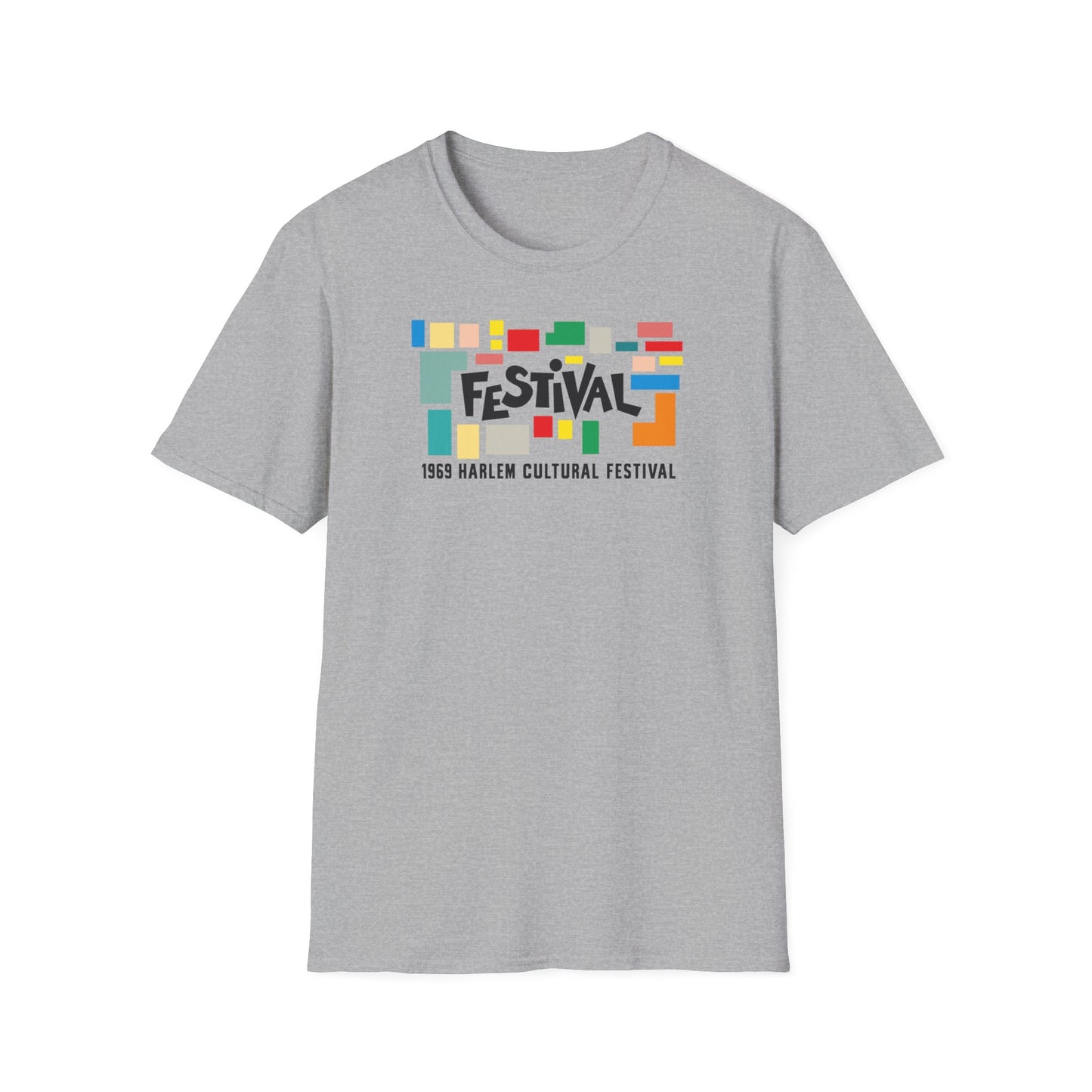 Gray t-shirt with colorful "FESTIVAL" text and "1969 Harlem Cultural Festival" below.