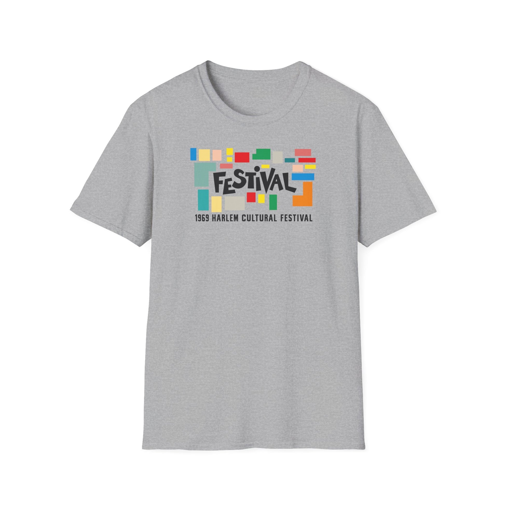 Gray t-shirt with colorful "FESTIVAL" text and "1969 Harlem Cultural Festival" below.
