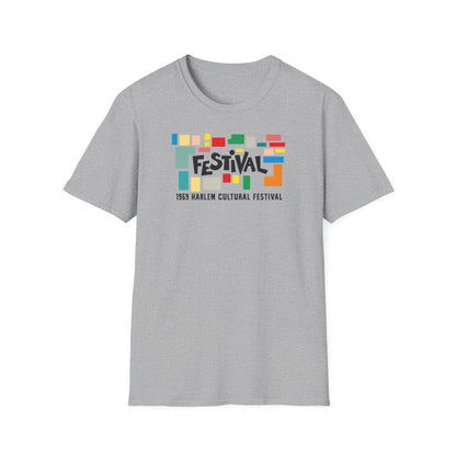 Gray t-shirt with colorful "FESTIVAL" text and "1969 Harlem Cultural Festival" below.