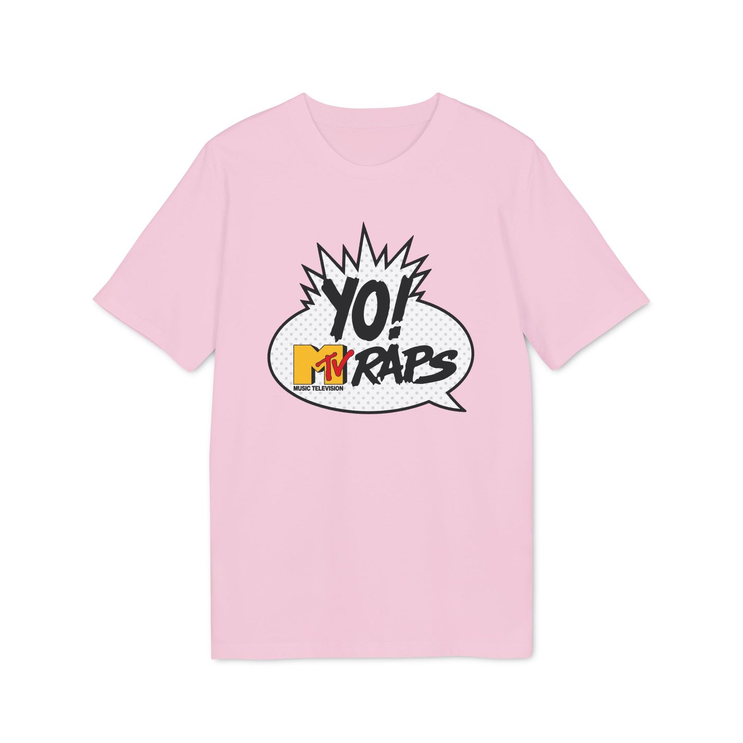 Pink t-shirt with "YO! MTV Raps" comic book style graphic.