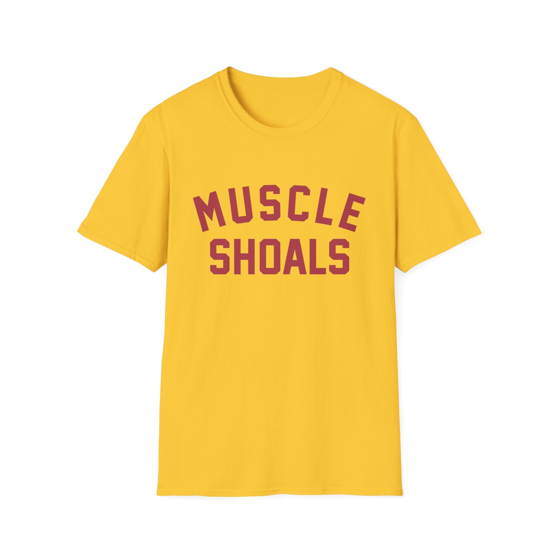 Yellow t-shirt with maroon "MUSCLE SHOALS" text.