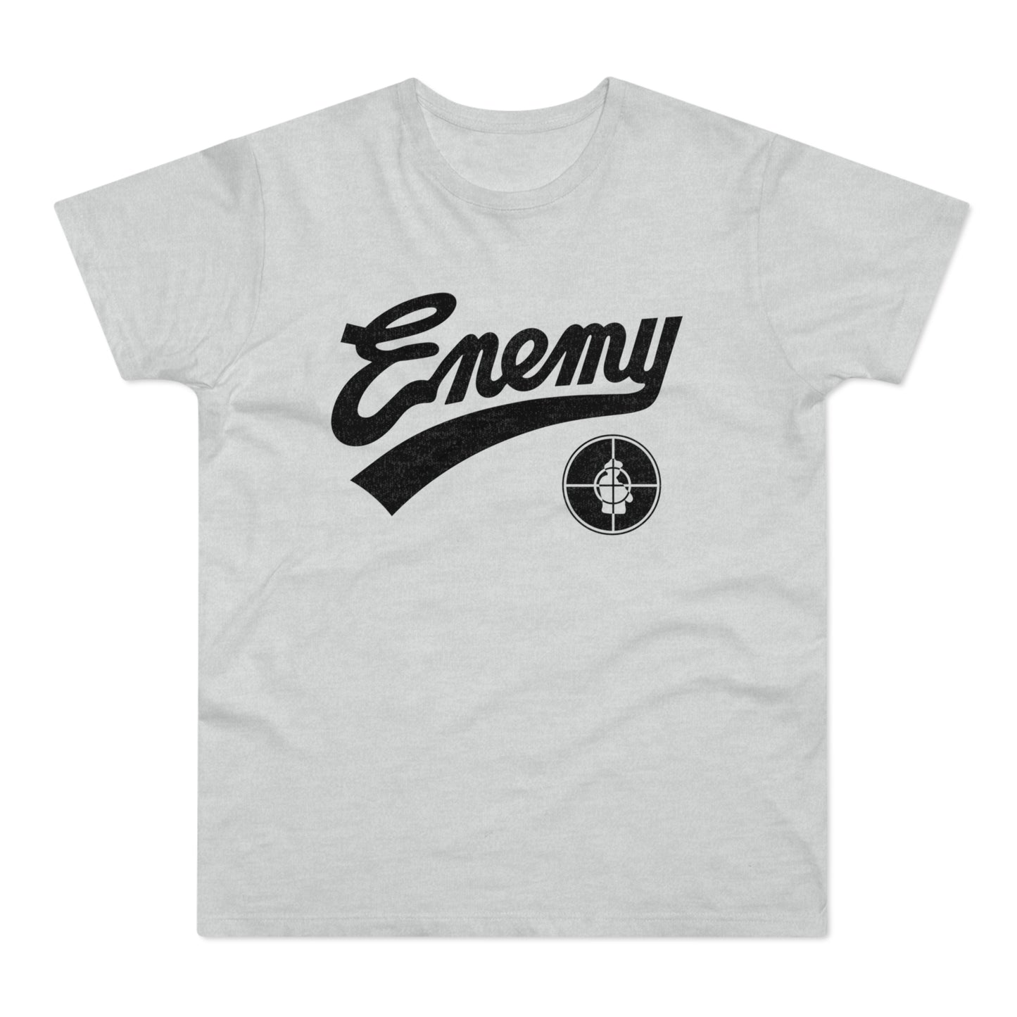 Light grey t-shirt with black "Enemy" text and target logo.