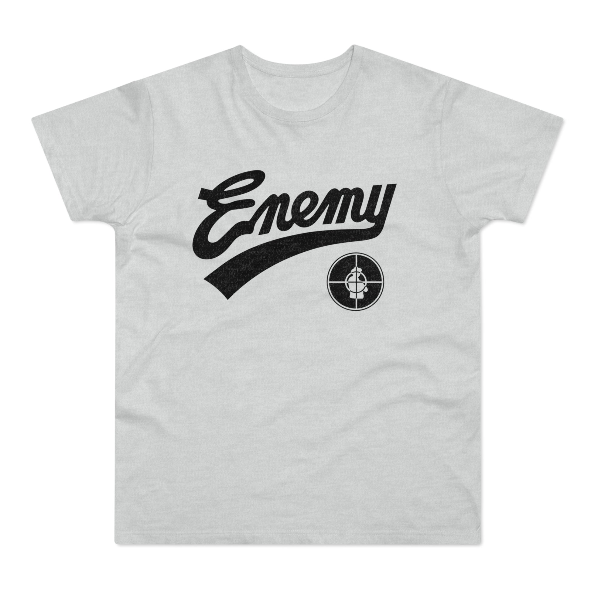 Light grey t-shirt with black "Enemy" text and target logo.