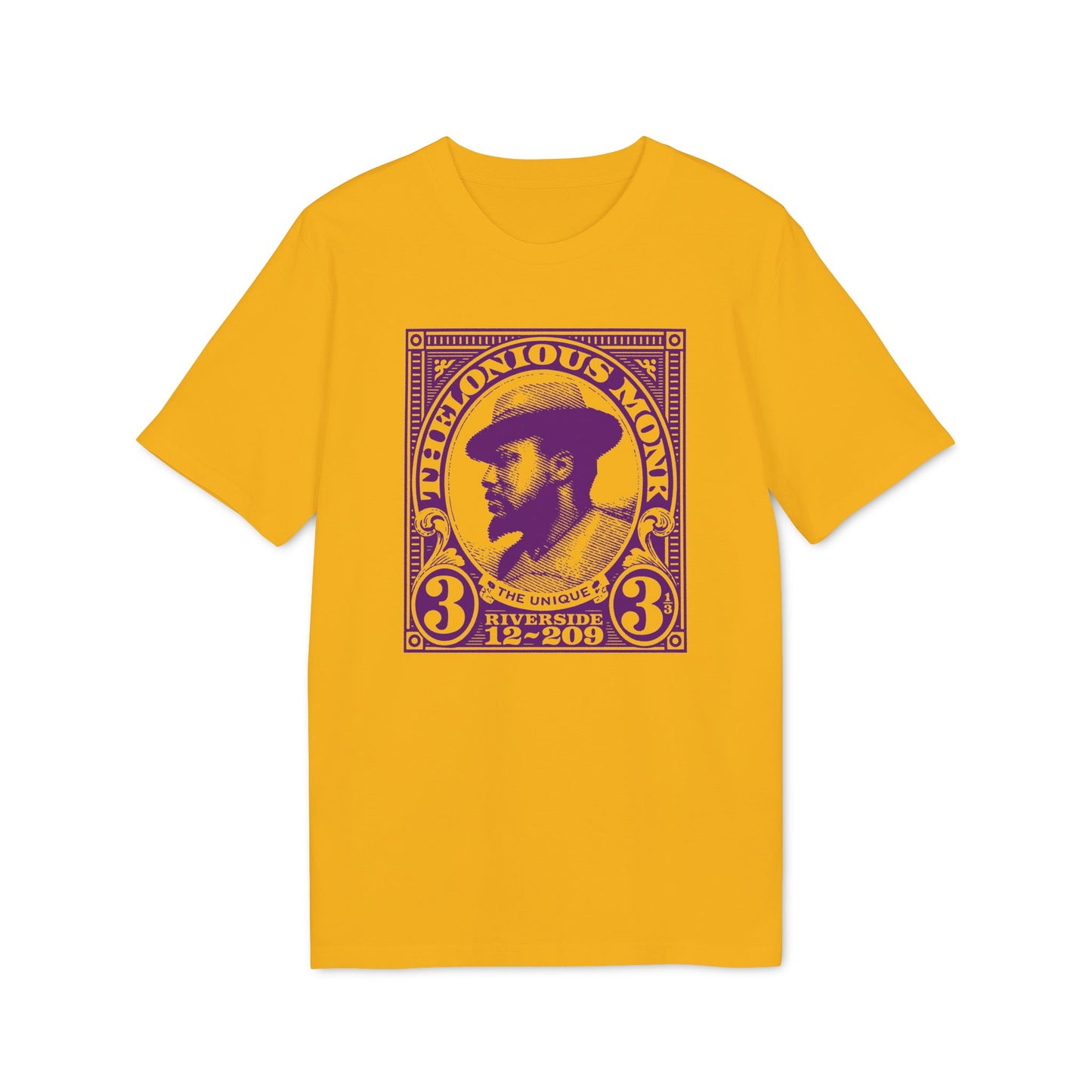 Thelonious Monk portrait on a yellow t-shirt with text.