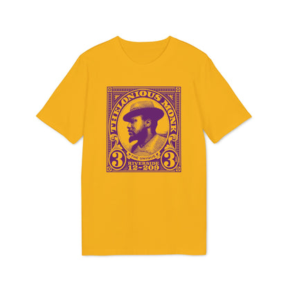 Thelonious Monk portrait on a yellow t-shirt with text.