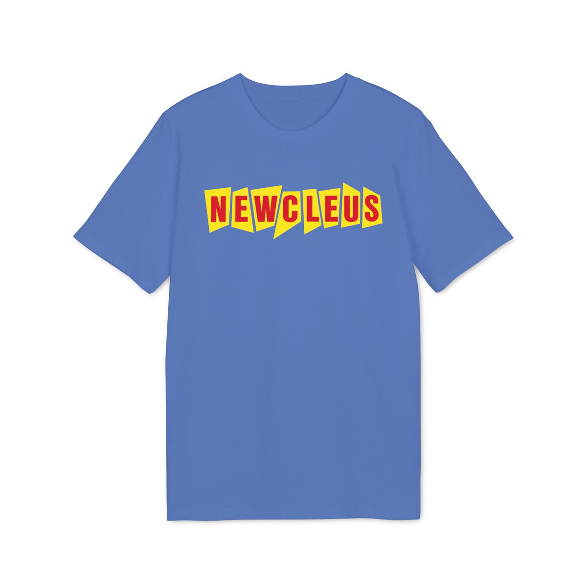 A blue short-sleeve t-shirt with red letters spelling Newcleus over jagged yellow shapes on the chest.