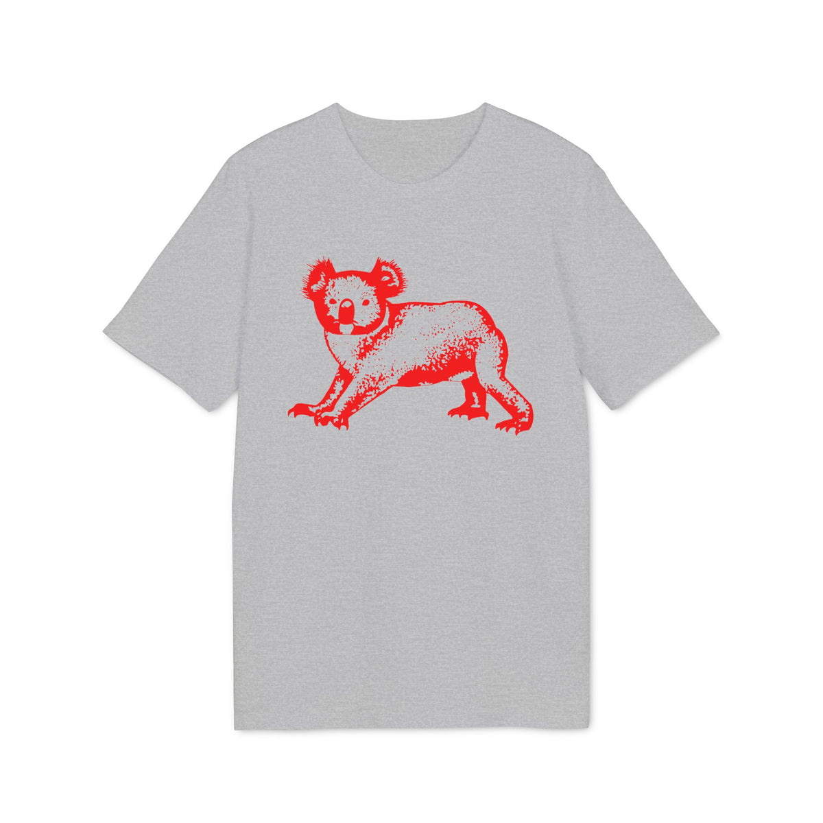 Heather gray short-sleeve t-shirt with a red graphic of a walking koala on the front.