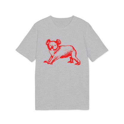 Heather gray short-sleeve t-shirt with a red graphic of a walking koala on the front.