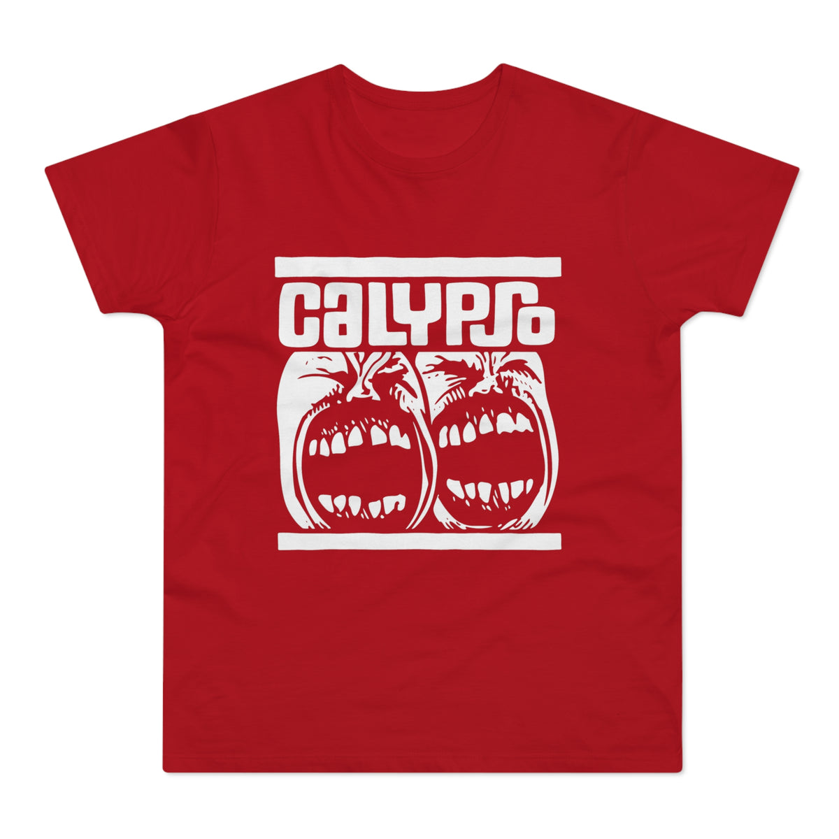 Red t-shirt with white "CALYPSO" text above two screaming faces.