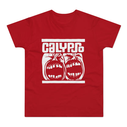 Red t-shirt with white "CALYPSO" text above two screaming faces.