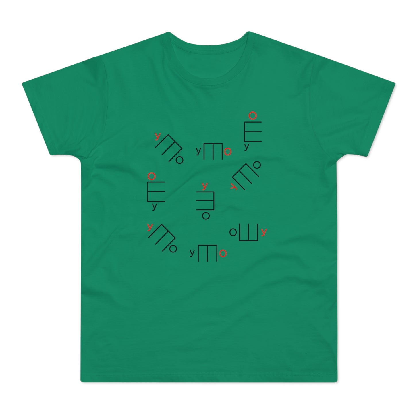 Green t-shirt with scattered abstract black and red graphic elements.