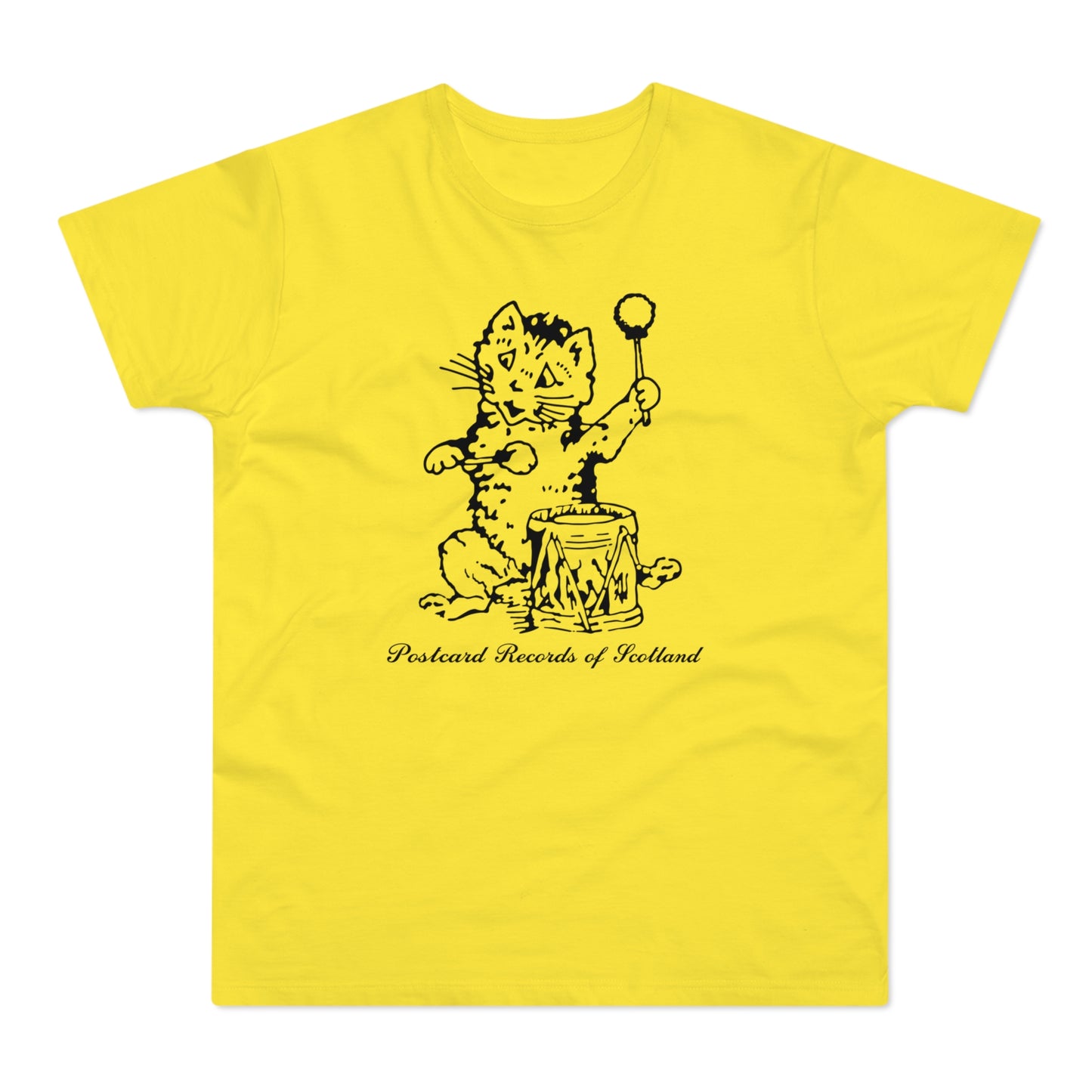 Yellow t-shirt with black drawing of a cat playing a drum, text "Postcard Records of Scotland".