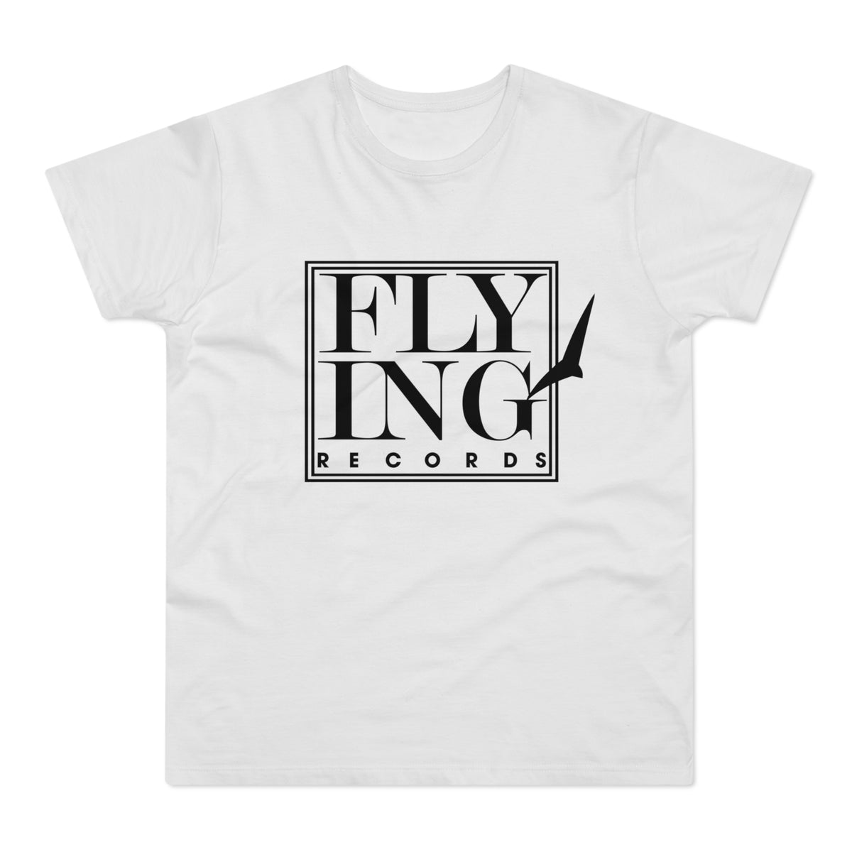White t-shirt with black "FLYING RECORDS" logo and bird silhouette.
