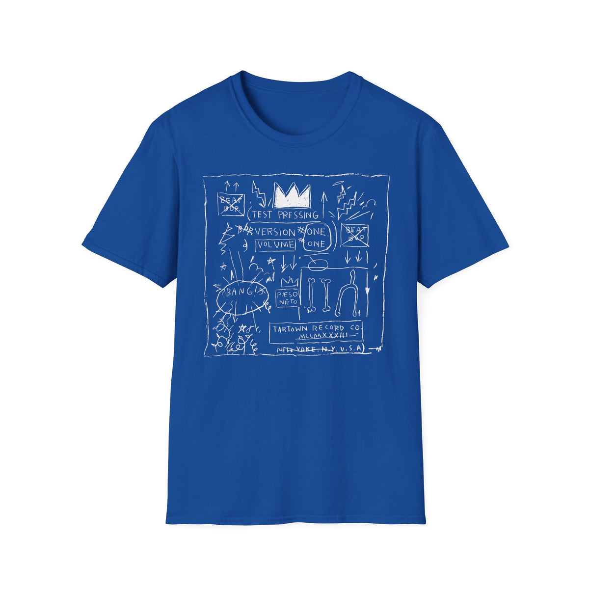 Blue t-shirt with a white sketch featuring a crown, text, and abstract drawings.