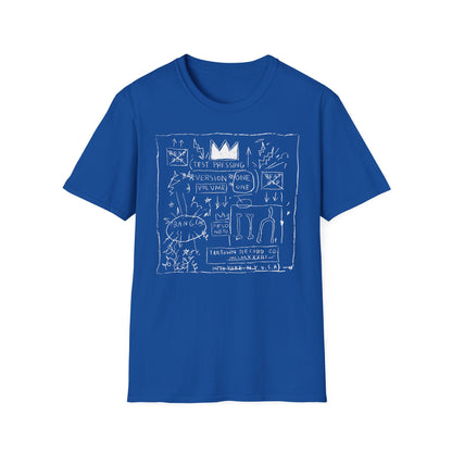 Blue t-shirt with a white sketch featuring a crown, text, and abstract drawings.