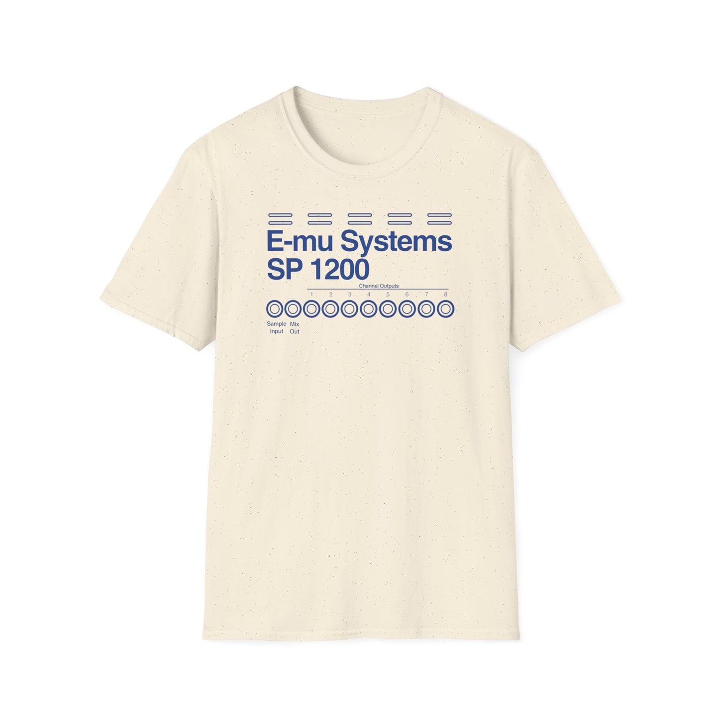 Cream t-shirt with blue text and graphic of E-mu Systems SP 1200.