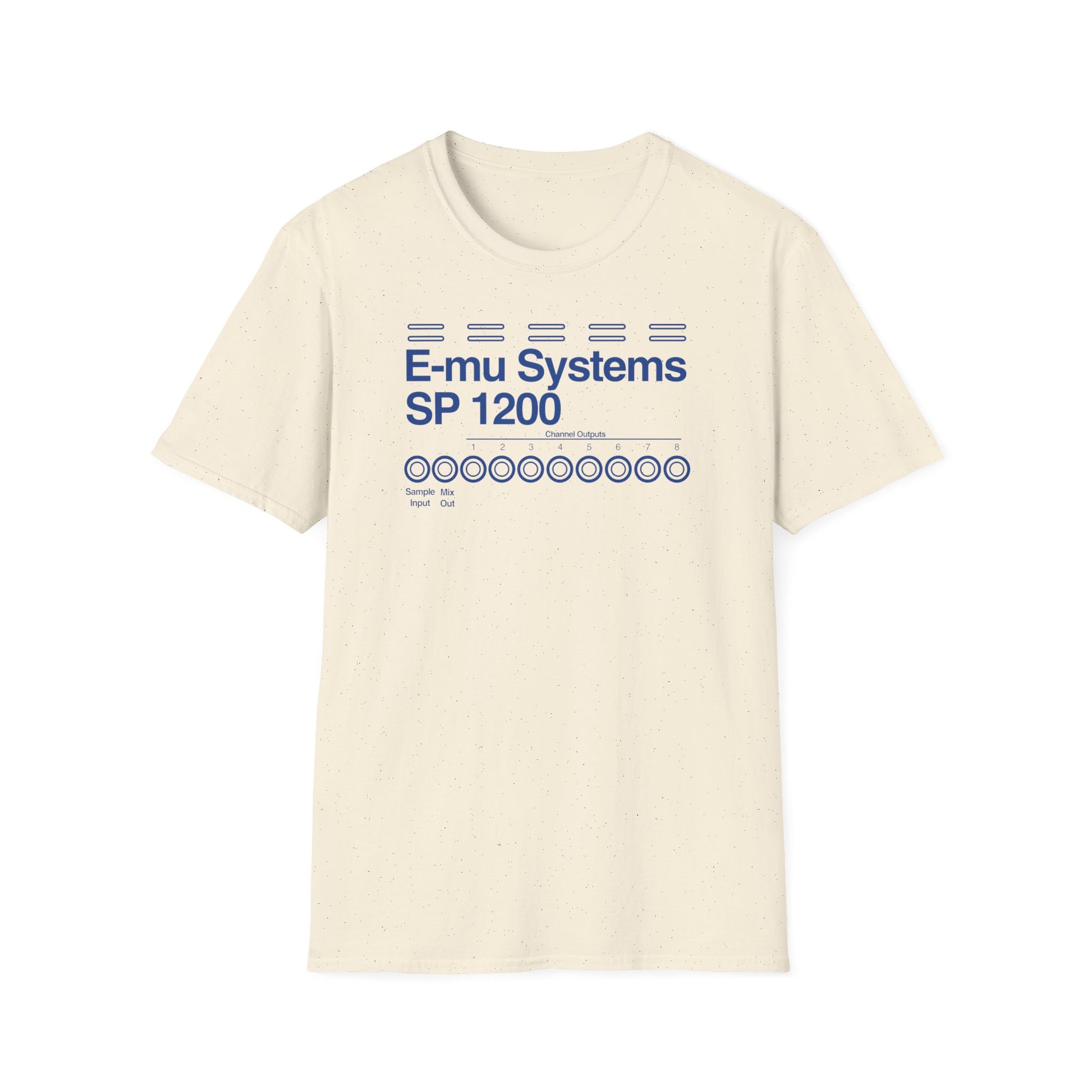 Cream t-shirt with blue text and graphic of E-mu Systems SP 1200.
