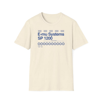 Cream t-shirt with blue text and graphic of E-mu Systems SP 1200.