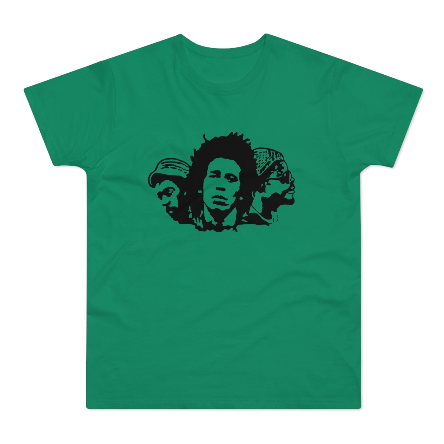 Green t-shirt with black silhouette of Bob Marley and two other figures.