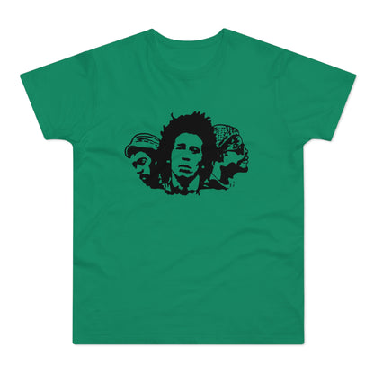 Green t-shirt with black silhouette of Bob Marley and two other figures.