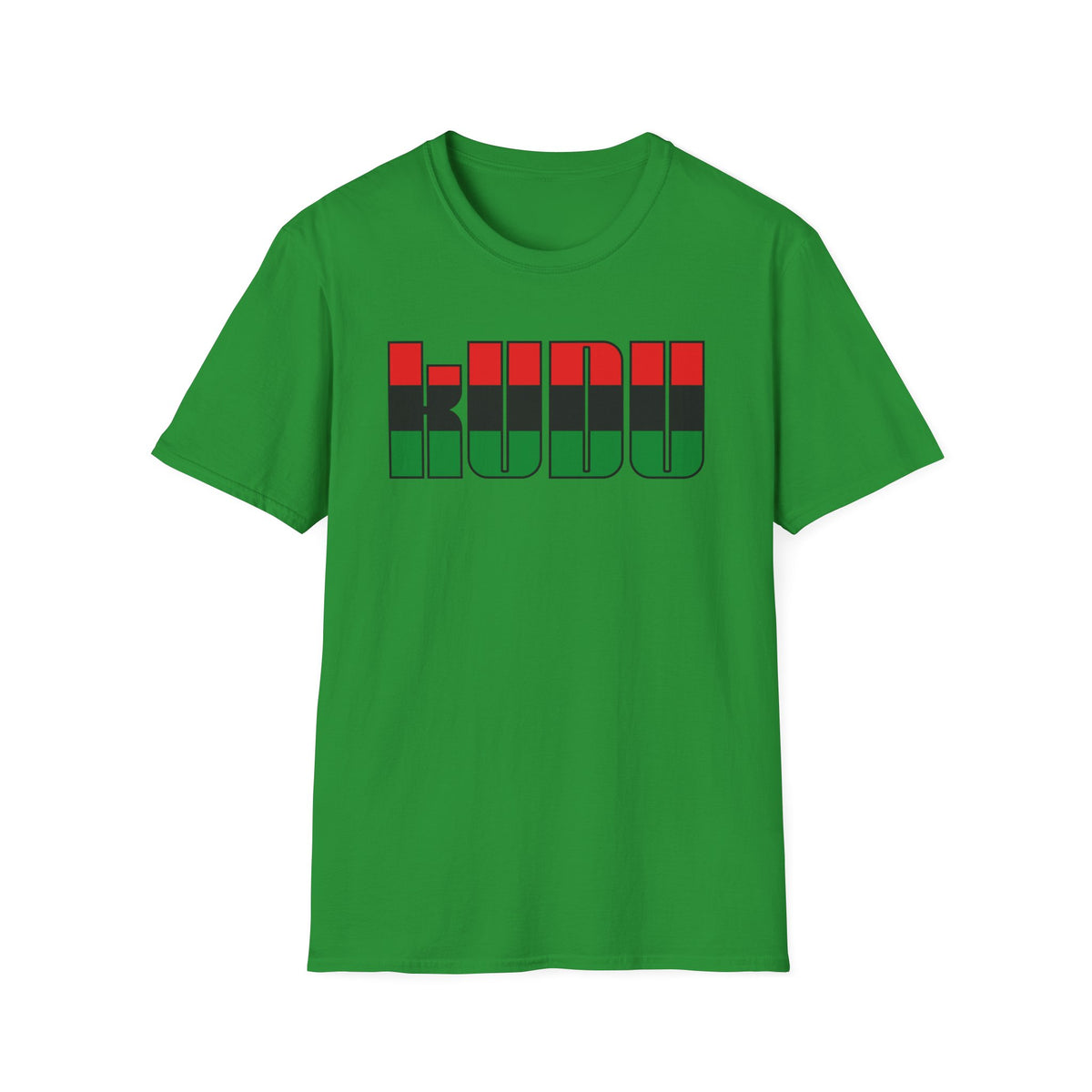 Green t-shirt with the word "KUDU" in stylized red, black, and green block letters.