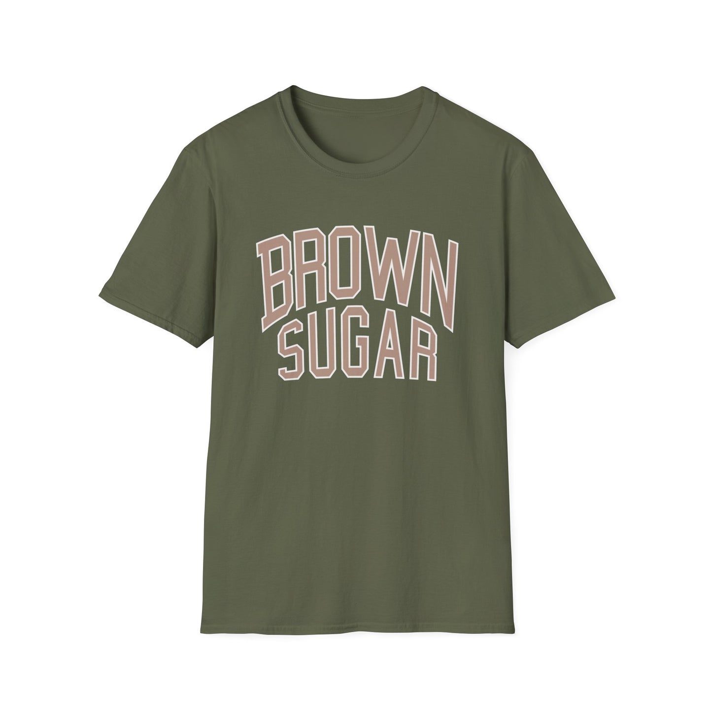 Olive green t-shirt with "BROWN SUGAR" text in tiered font.