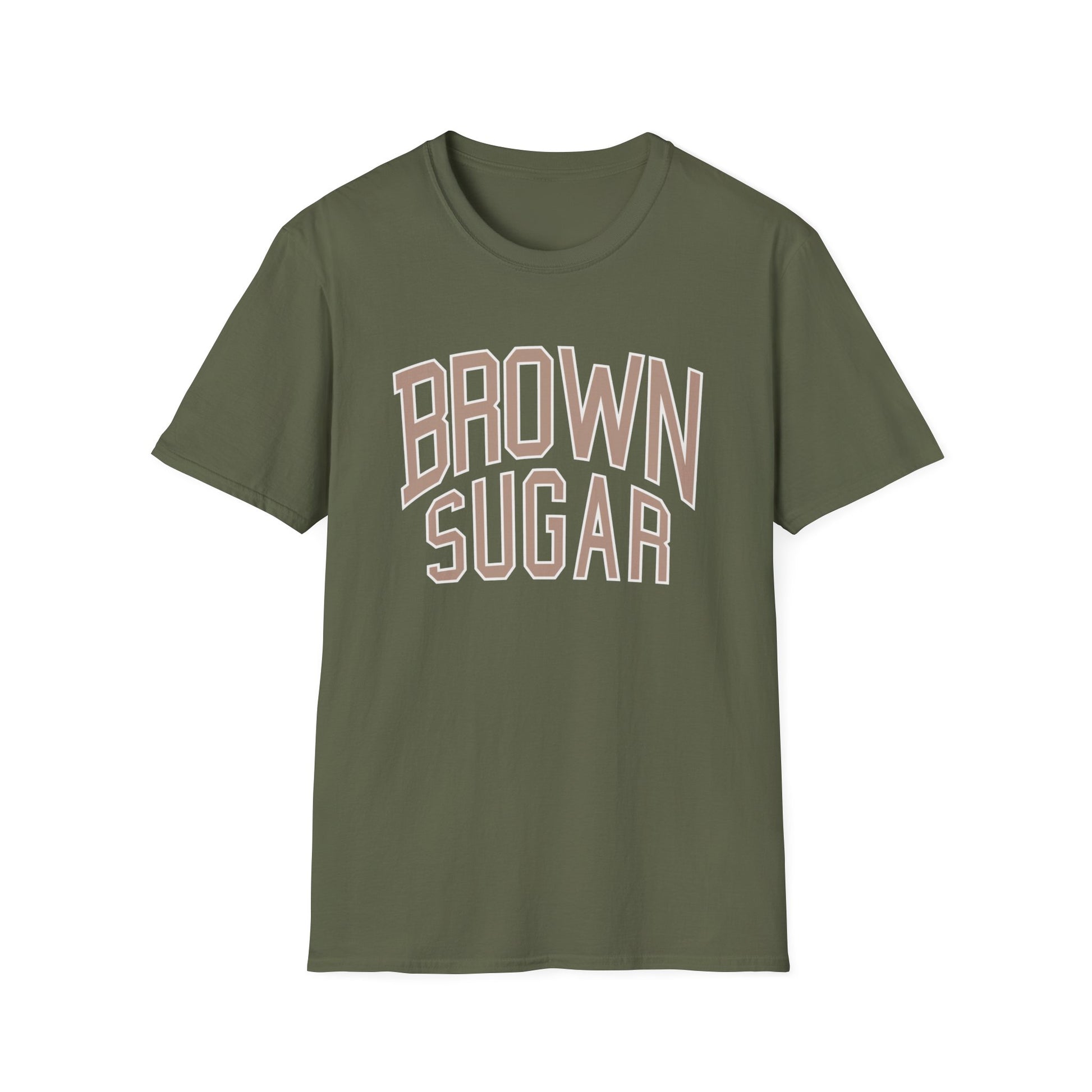 Olive green t-shirt with "BROWN SUGAR" text in tiered font.