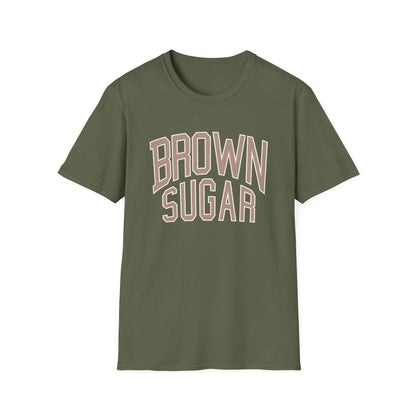 Olive green t-shirt with "BROWN SUGAR" text in tiered font.