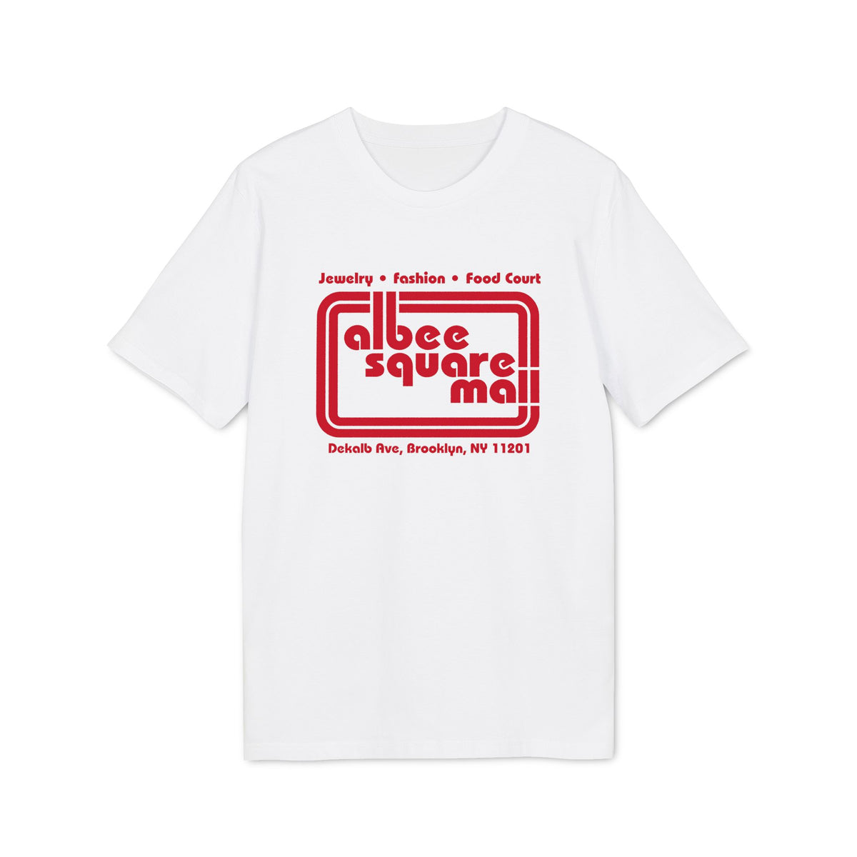 A white short-sleeved t-shirt featuring the red Albee Square Mall logo on the chest.