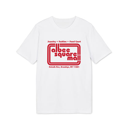 A white short-sleeved t-shirt featuring the red Albee Square Mall logo on the chest.