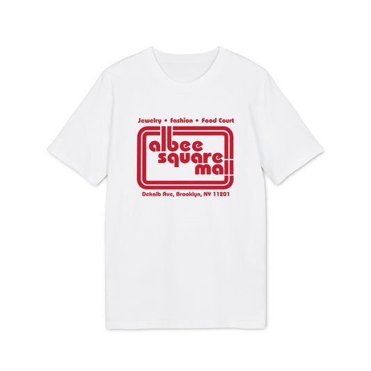 A white short-sleeved t-shirt featuring the red Albee Square Mall logo on the chest.