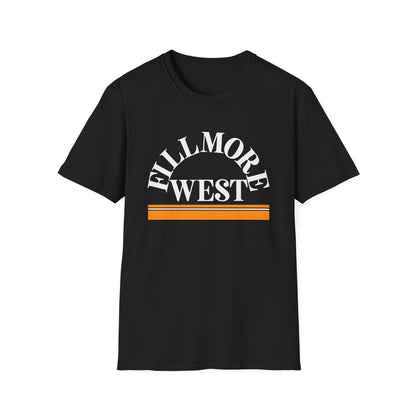 Black t-shirt with white "FILLMORE WEST" text and orange stripes.