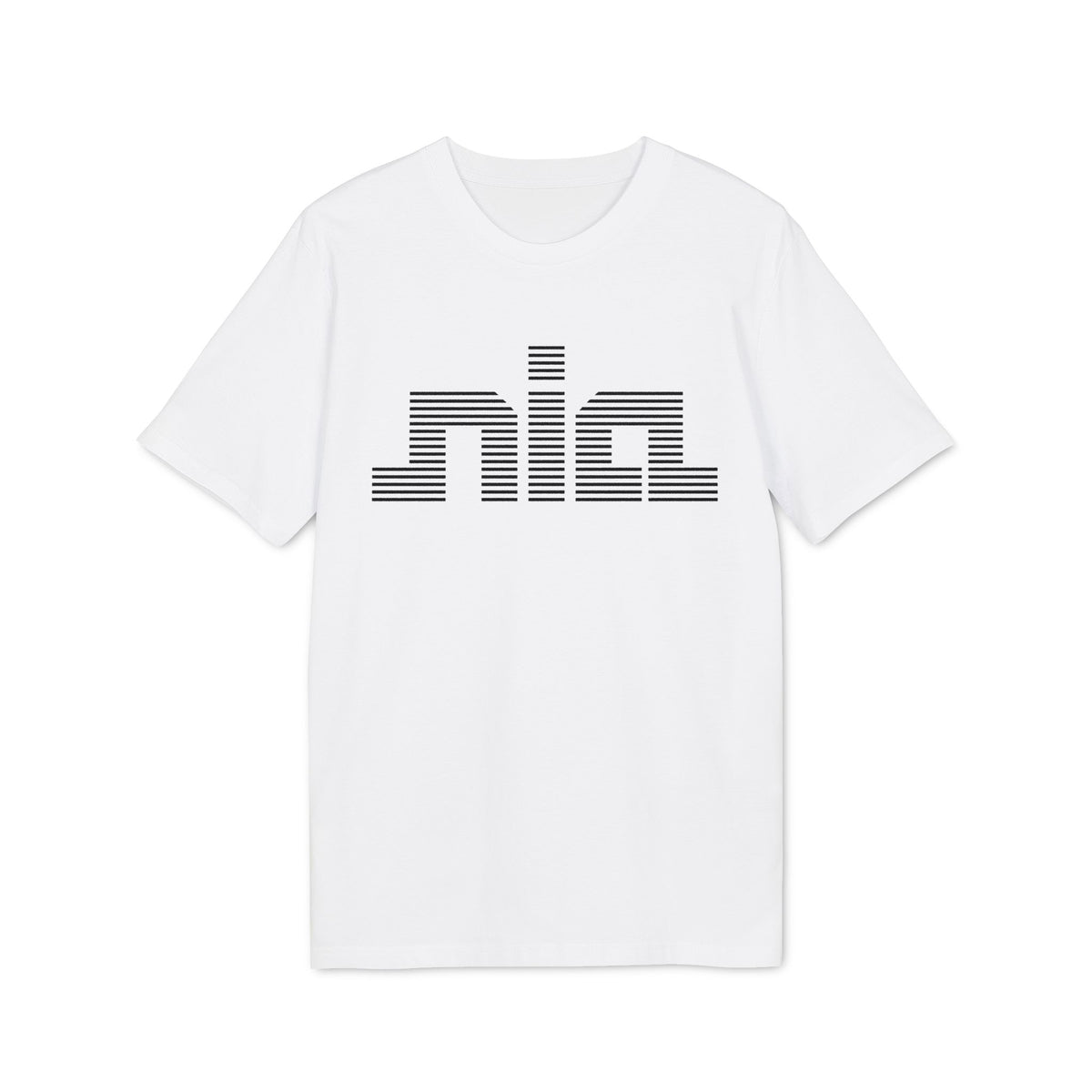 A white short-sleeved t-shirt featuring the word "nia" printed in black horizontal stripes across the chest.